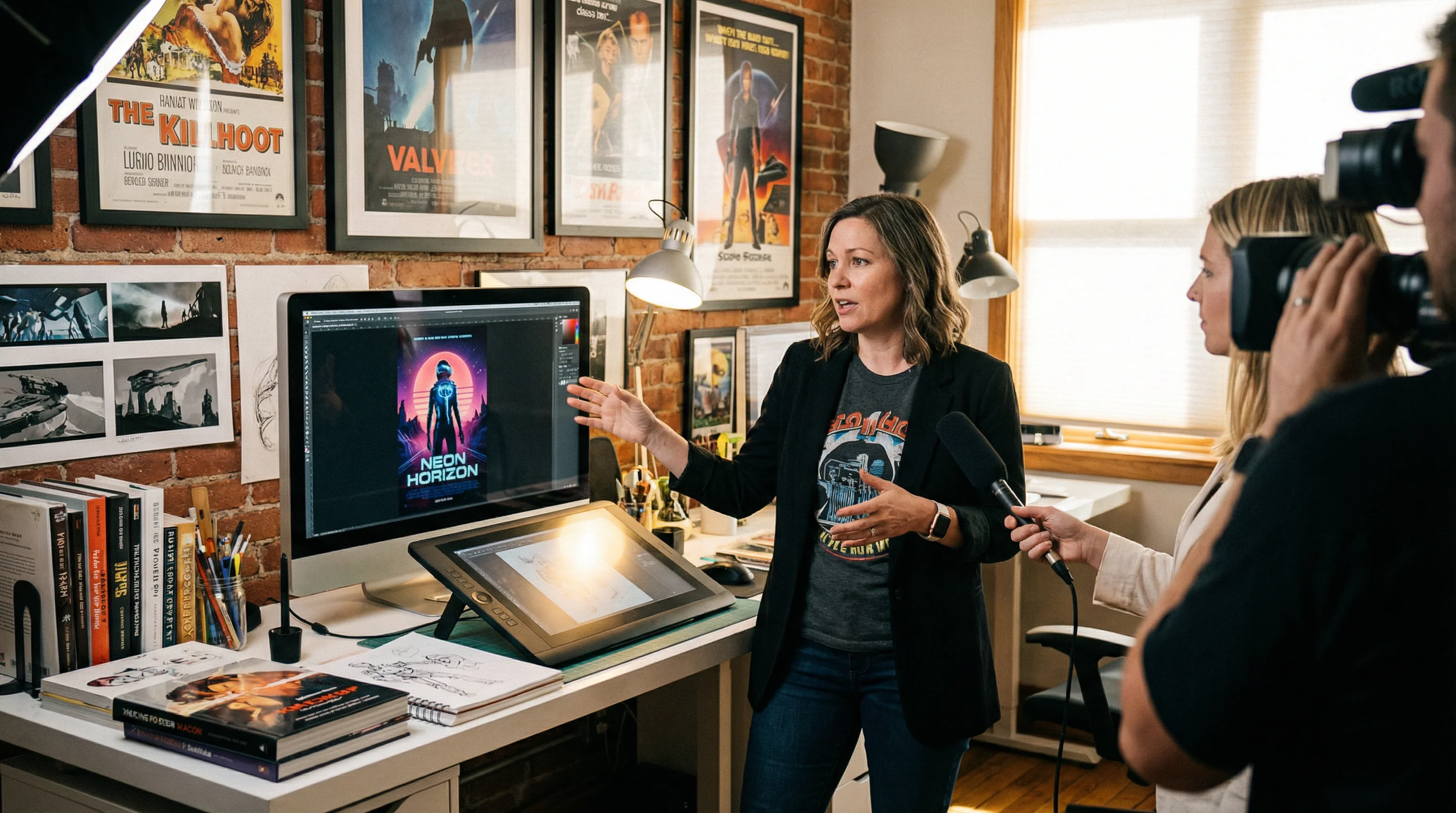 电影海报设计师工作室访谈拍摄现场创作环境展示